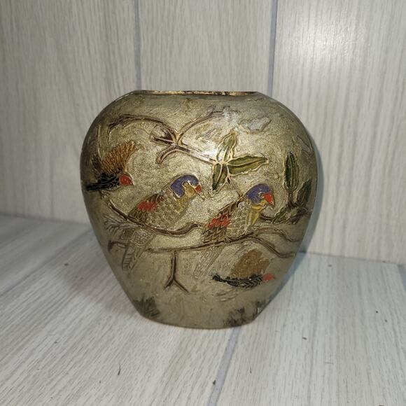 Vtg Cloisonne Floral Bird Art Vase Brass & Enamel Parrot Made In India Japanese - Picture 1 of 11